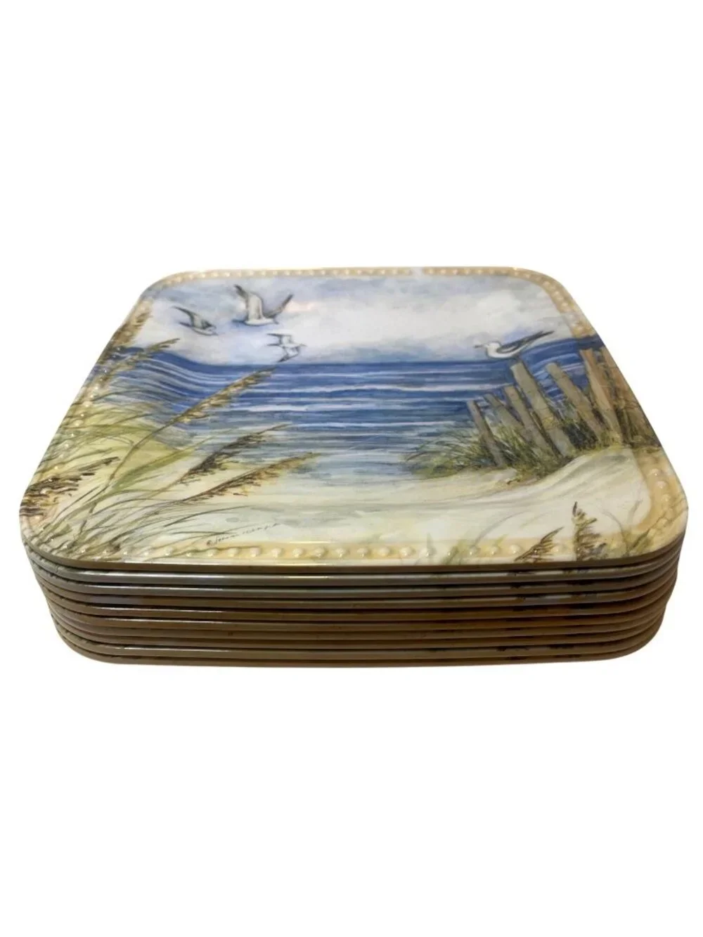 Set Of 10 Keller Charles Melamine Square Plates with Coastal Seagull & Ocean Sce